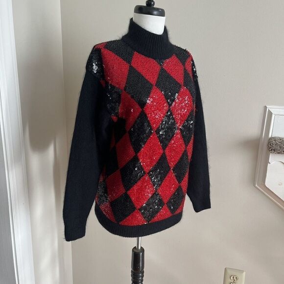 Vintage IB Diffusion Sequin Argyle Mock Neck Sweater Small Silk Wool Red disco - Picture 10 of 11